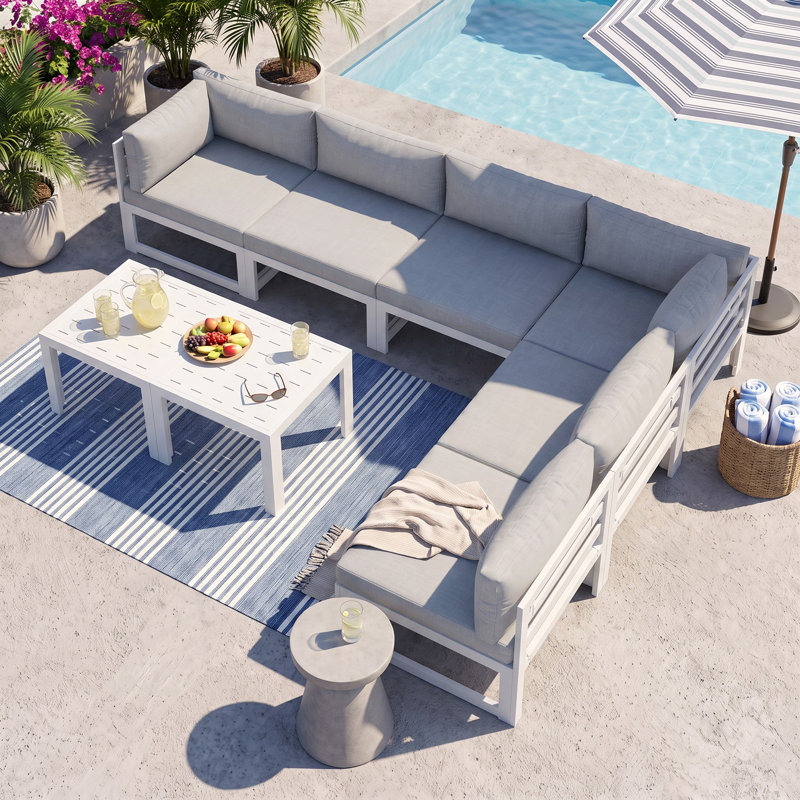 Gilemette 8-Piece Modern Aluminum Outdoor Sectional Seating Group with Cushions & Coffee Table, Rust-Resistant Patio Conversation Set