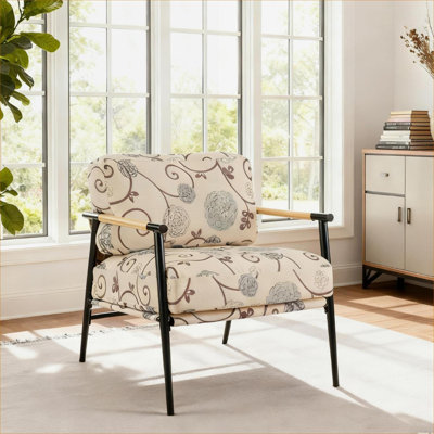 Fauteuil d'appoint moderne en tissu avec accoudoirs en bois massif, finition blanche 27,56 po