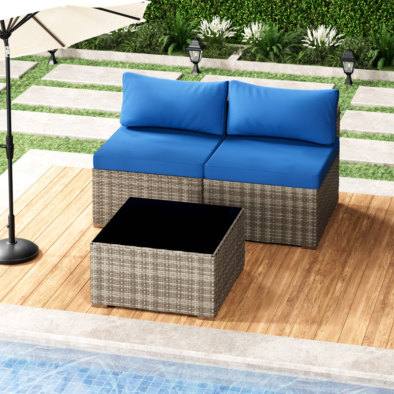 Ensemble de meubles de patio 3 pièces avec coussins anti-éclaboussures Table basse en verre trempé et canapé en osier à pieds réglables