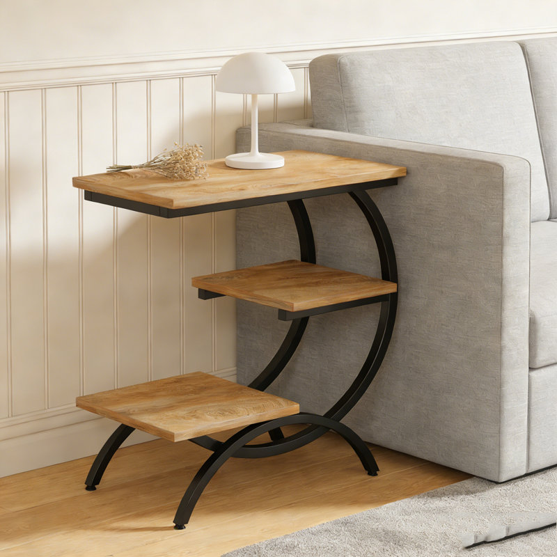 Table d'appoint industrielle à 3 niveaux en forme de C pour les petits espaces, Marron clair