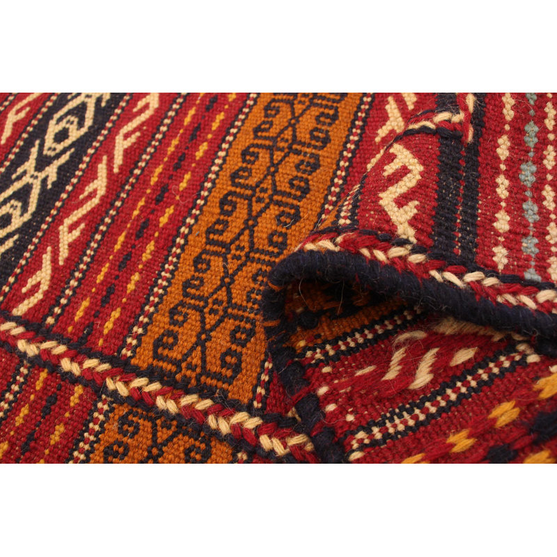 Tapis rouge foncé / orange en laine tissé à la main et à plat