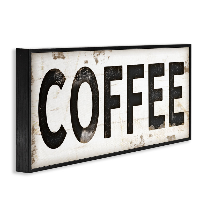 «Coffee Typographie Vintage Sign» par Jennifer Pugh, reproduction d'art textuel, Giclée encadrée noir minuit