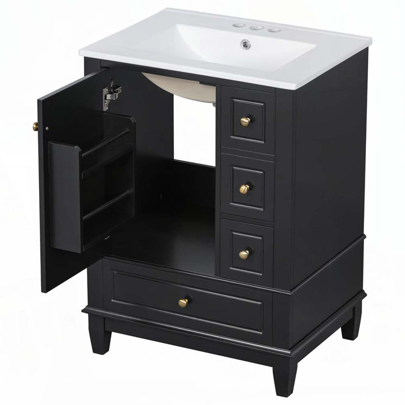 Meuble-lavabo 24 po avec lavabo en céramique, Noir et or