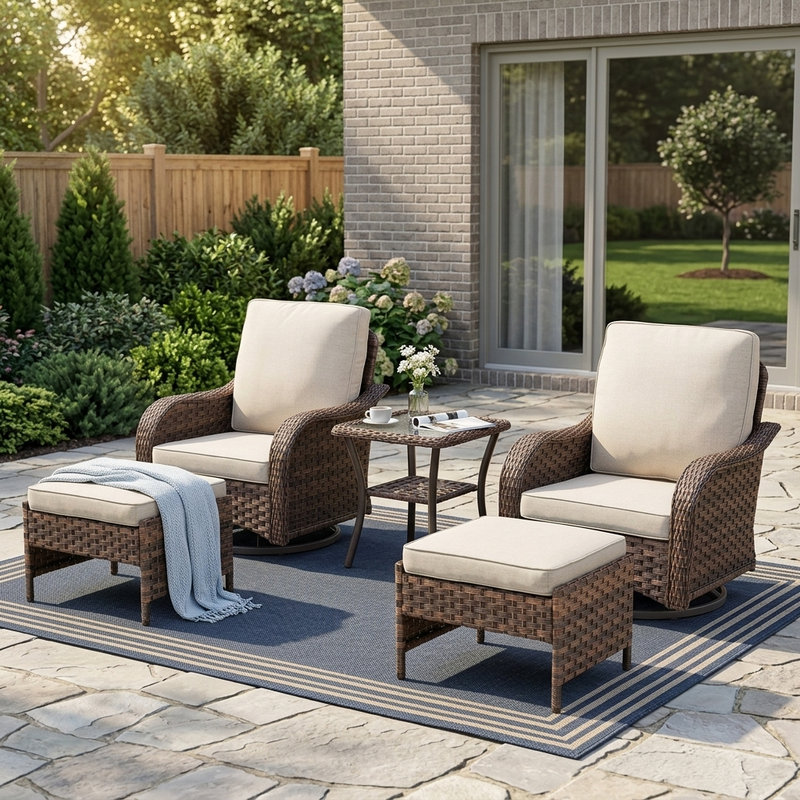 Ensemble de mobilier de patio en résine tressée 5 pièces, ensemble de conversation extérieur en rotin PE marron avec table d'appoint, 2 fauteuils pivotants et 2 poufs, coussins beiges