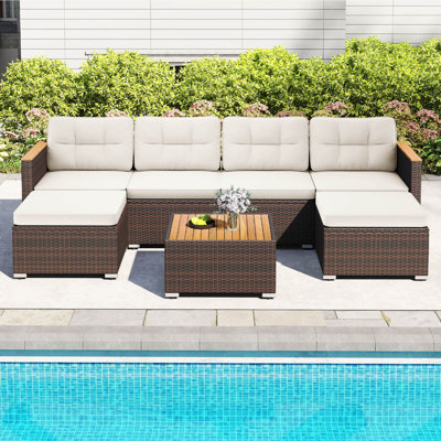7 PCS Wicker Conversation Set with Seat & Back Cushions Wood Armrests & Tabletop