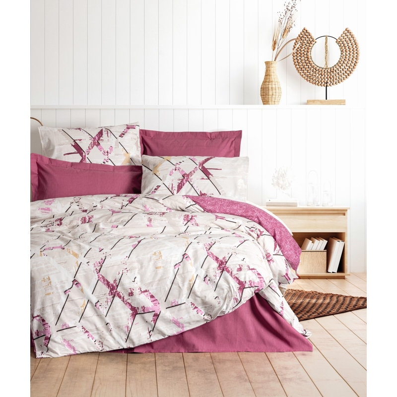 Ensemble de housse de courtepointe de qualité supérieure Ranforce, 100% coton, couleur prune | Comprend une housse de couette de 79 x 87 po, un drap plat de 94 x 102 po et deux (2) taies d'oreiller | Lavable à la machine, impression élégante de pigment, fermeture à boutons