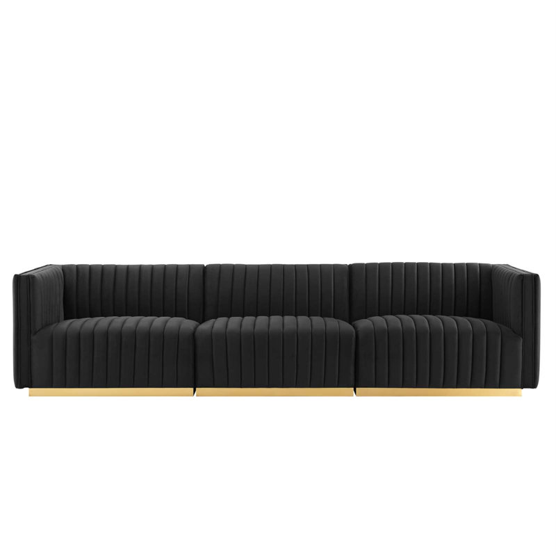 Canapé capitonné Conjure Channel par Modway, Velours noir, Or, H 28 po x l 119 po x P 41,5 po