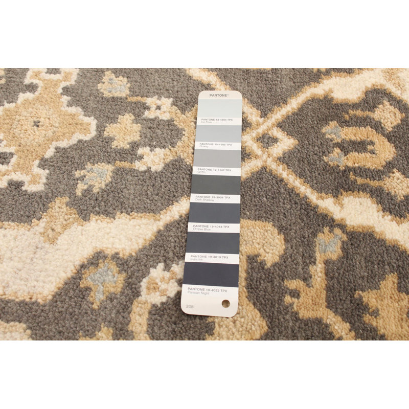 Tapis de couloir en laine noué à la main de conception unique 2 pi 7 po x 7 pi 9 po Dhreej Tapis décoratif en laine gris foncé/beige