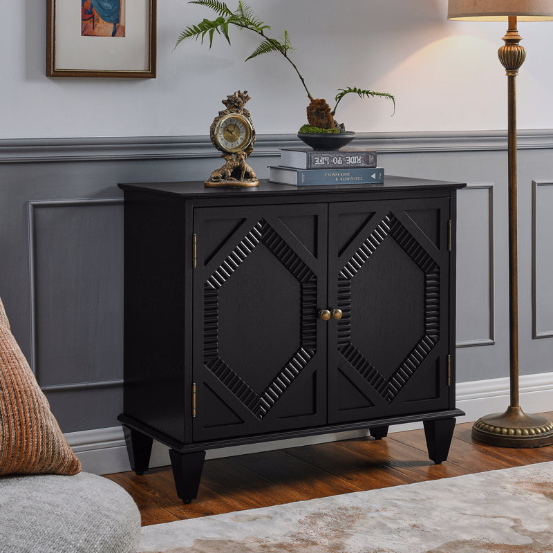 Buffet 33,6 po en bois rétro avec rangement, armoires décoratives géométriques symétriques, console média pour le salon / le vestibule / la salle à manger / la cuisine, noir