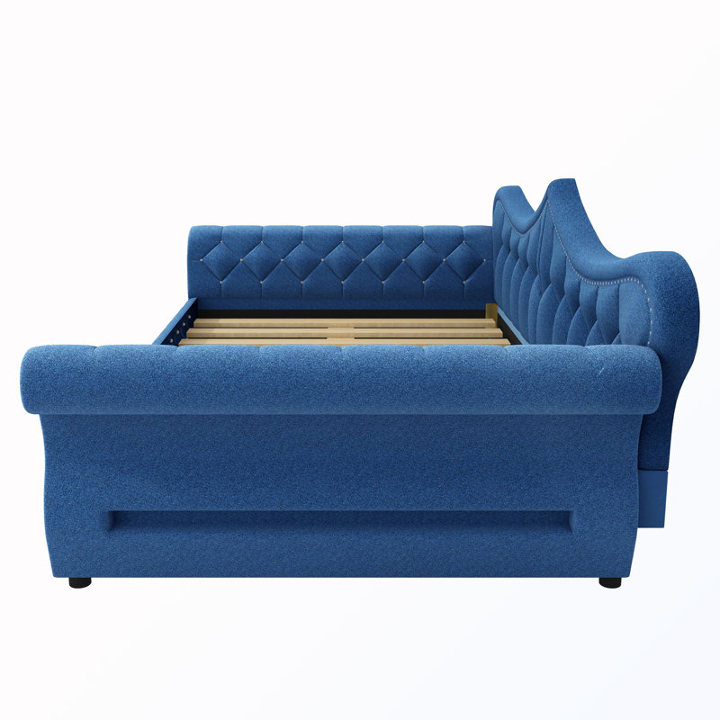 Queen Size Upholstered Daybed with LED and Nail Decoration, Blue