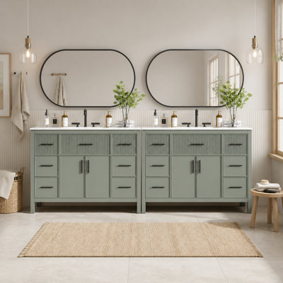 Meuble-lavabo autoportant 95,66 po avec lavabo SMC intégré, 12 tiroirs à fermeture douce et 4 portes, rangement inclinable et façades cannelées, vert sauge