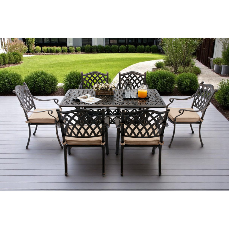 ?? ?????????? Outdoor Dining Set Cast Aluminum Retro Patio Dining Set For 6 Includes 59” Rectangular Table And 6 Chairs With Thicker Cushion And Umbrella Hole For Patio Deck Garden