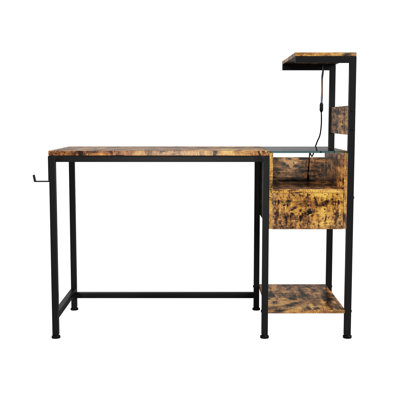 Bureau d'ordinateur brun avec prise de charge et étagères, alignement de tablette réversible, construction, lumières à DEL, ports, unités de complément de crochet pour casque d'écoute, installation, inclus