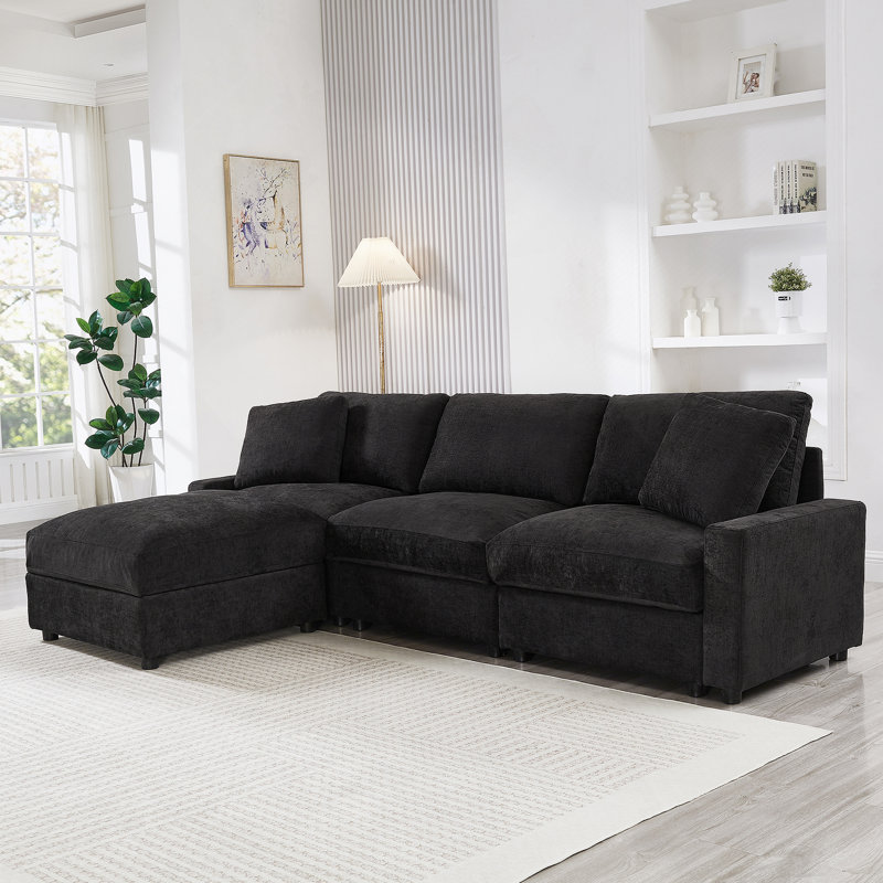 Canapé modulaire modulaire avec 4 espaces de rangement, canapé en tissu de polyester en forme de L pour le salon, canapé 3 places avec repose-pieds Cloud Comfort
