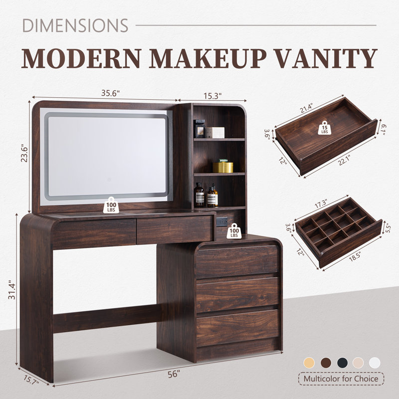 Coiffeuse incurvée moderne Maud avec miroir HD de 90,4 cm (35,6 po), 5 tiroirs, prise de courant, éclairage DEL réglable et station de recharge.