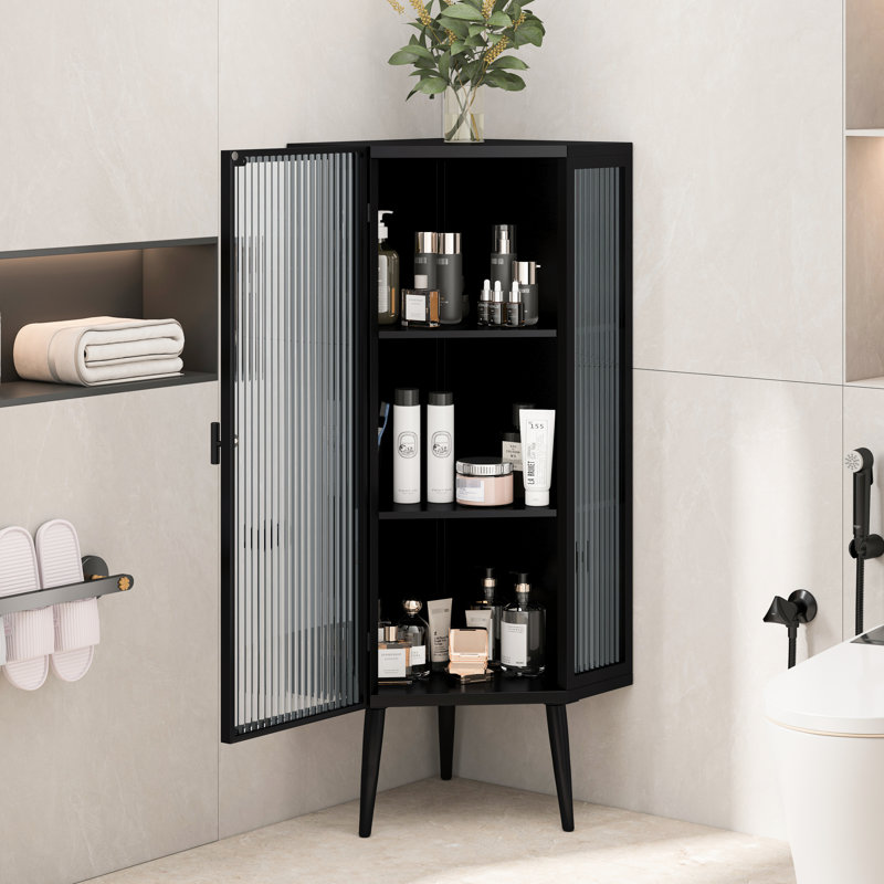 Black 21.71'' Floor Cabinet. Fashionable For Living Area. Tempered Glass Panels. Metal Body. Functional Storage. Easy Assembly And Maintenance Doors & For Bathroom, Room, Bedroom. Contemporary Style,