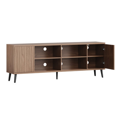 Mid Century Modern TV Stand for TVs Up to 75", Wood Entertainment Center with Adjustable Shelves and Fluted Doors, Media Console with 2 Cabinets and 4 Open Storage Shelves for Living Room