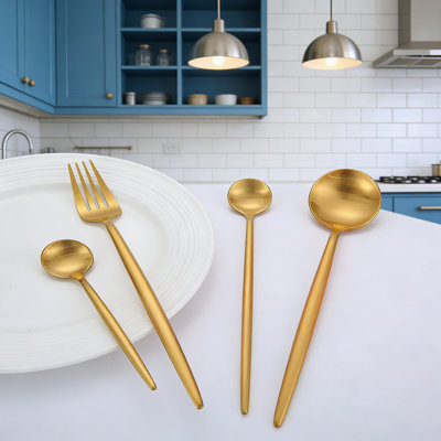 Ensemble de couverts Premium en acier inoxydable 304 avec finition en titane brossé doré, ensemble de couverts 24 pièces pour la salle à manger