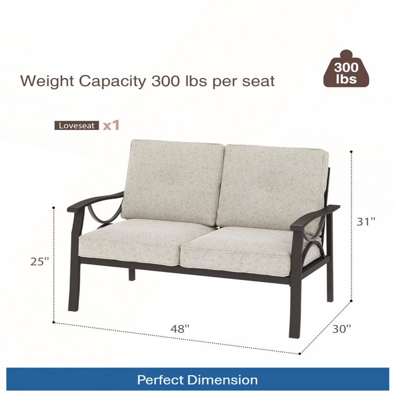 48-Inch All-Weather Metal Loveseat with Plush Beige Cushions and Durable Khaki Frame for Outdoor Comfort