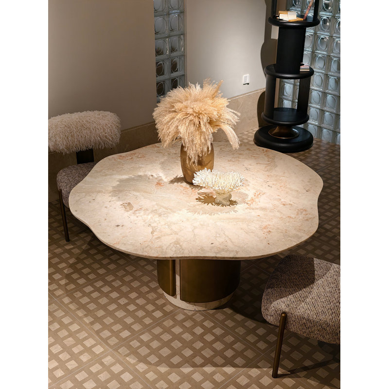 Table de salle à manger luxueuse en marbre rose avec base en pierre et en métal, table de salle à manger et de cuisine moderne et élégante
