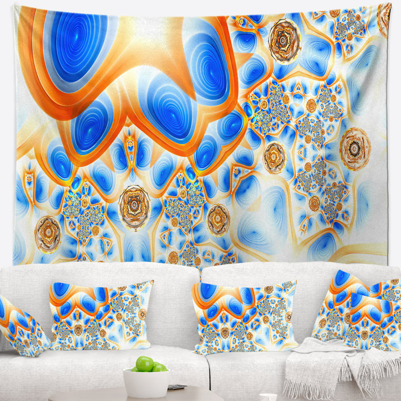 Tapisserie abstraite à motif exotique jaune-bleu, H 32 po x l 39 po