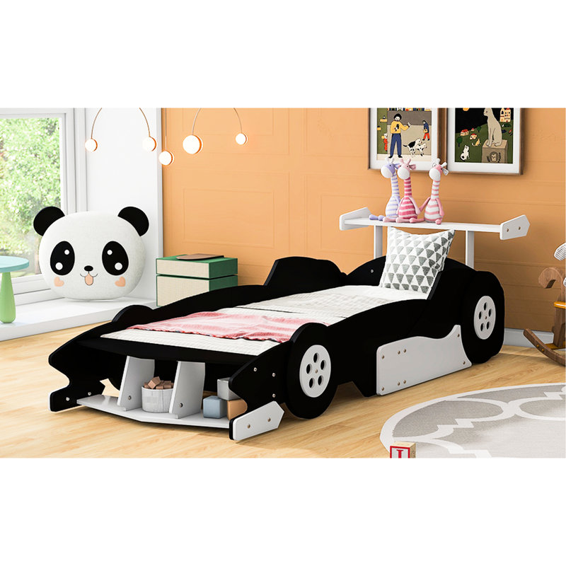 Lit simple en forme de voiture de course avec roulettes, noir - qualité artisanale pour une plateforme de sommeil confortable