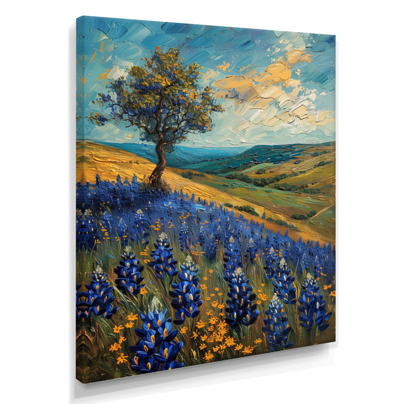 «Blue Green Morning Magic Blue Bonnets Fields» - art mural Bonnets bleus, H 12 po x l 20 po, Toile tendue