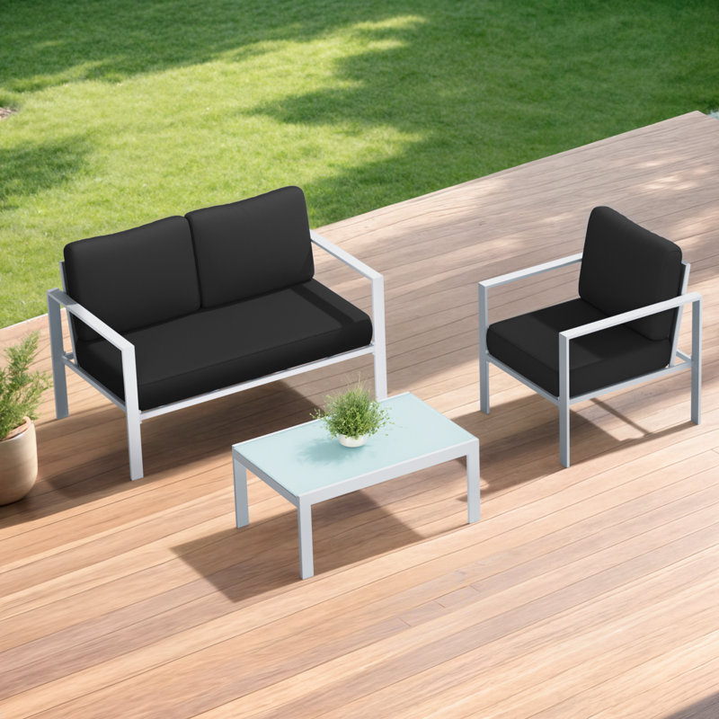 Ensemble de meubles de patio à structure en acier avec 2 chaises, 1 causeuse et table basse en verre trempé - Ensemble de conversation extérieur 4 pièces avec coussins en tissu Teslin pour la cour ou le jardin