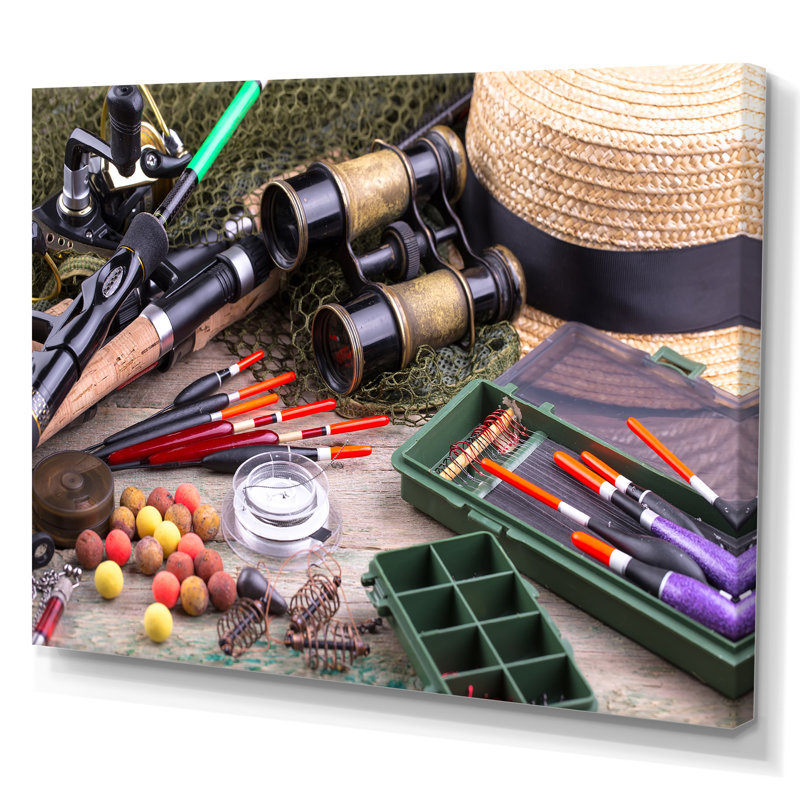 " Fishing Supplies Layout ", 12" H x 20" W x 1" D, Wrapped Canvas