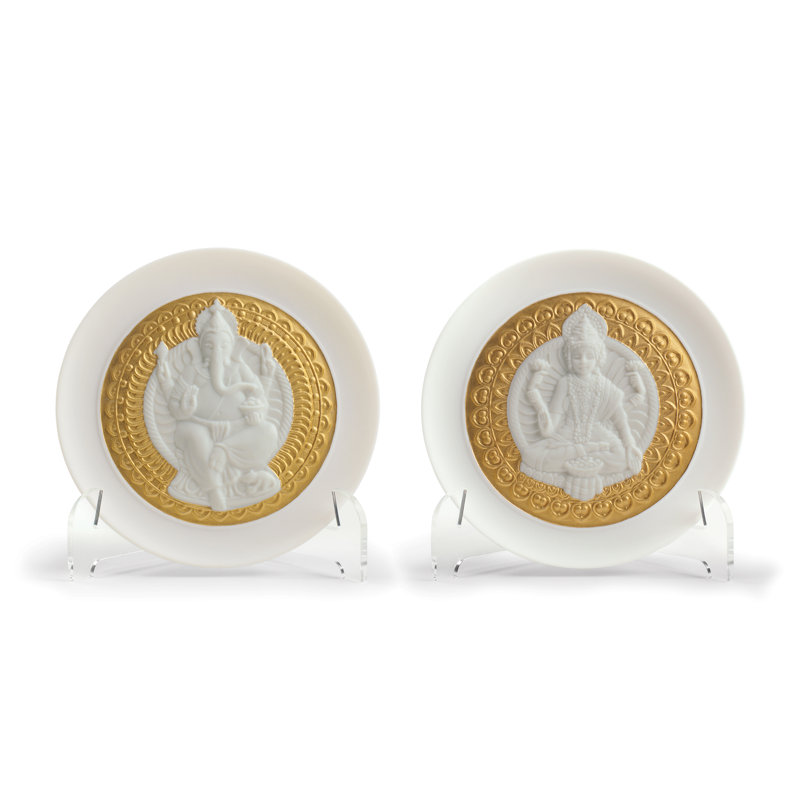 Ensemble de 2 plaques décoratives en porcelaine blanche/dorée