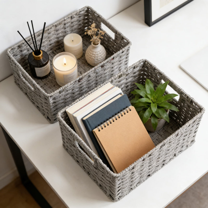 Paquet de 2 paniers de rangement en osier avec poignées, paniers de rangement tissés imperméables avec cadre en métal solide, grande capacité pour l'organisation à la maison dans le salon, la cuisine, la salle de bain et la salle de lavage