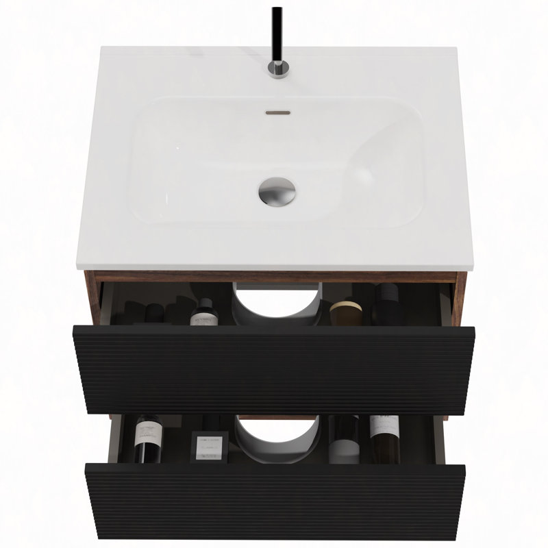 Meuble-lavabo mural noir doux 24 po avec lavabo intégré en céramique avec trop-plein, grand meuble-lavabo flottant de rangement pour salle de bain, pré-assemblé