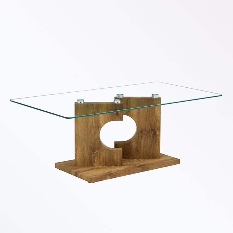 Glass Top Single Coffee Table, Natural Wood