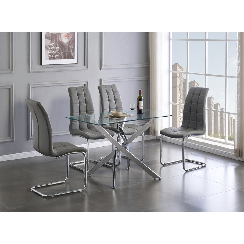 Lenworth Modern Chrome Metal and Glass Dining Table Set with 4 Luxury Faux Leather Dining Chairs, Elephant Gray