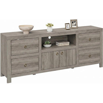 Meuble télé Farmhouse pour téléviseur de 78 po ou moins, centre de divertissement à 6 tiroirs avec tablette pour barre de son, console média robuste avec armoire de rangement pour le salon