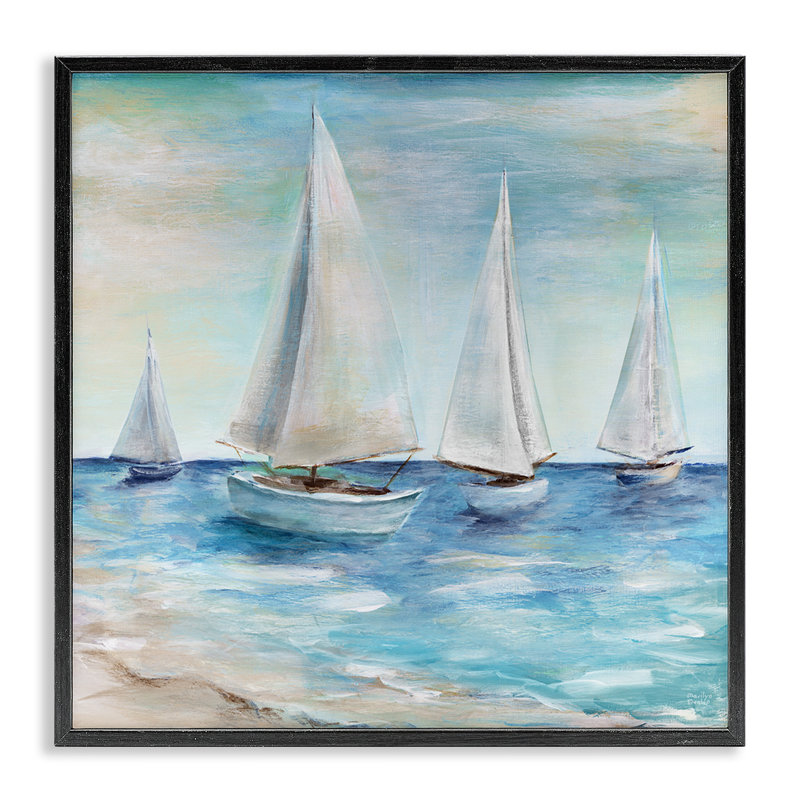 Voiliers flottant paisiblement Daytime Beach Shoreline par Marilyn Dunlap - peinture encadrée sur bois, H 12 po x l 12 po