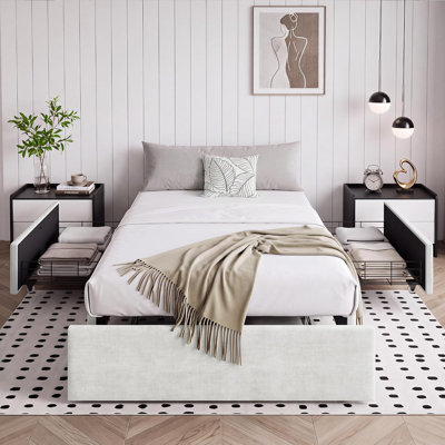 Twin Size Platform Bed Frame with 3 Underbed Storage Drawers Beige | Upholstered,No Headboard,Mattress Foundation with Wooden Slat Support,No Box Spring Needed,Easy Assembly,Quiet Operation