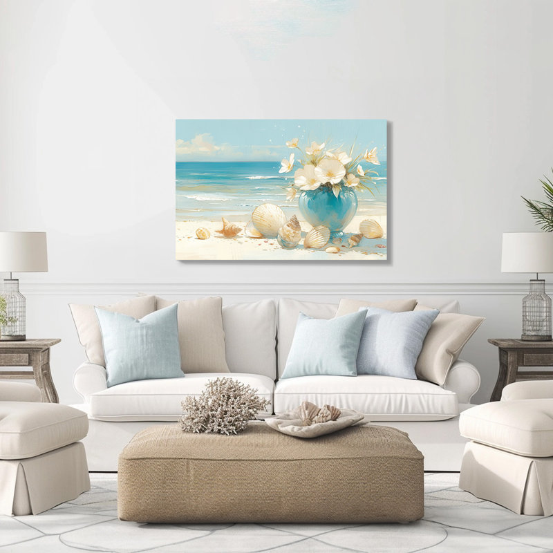 Vase turquoise avec fleurs blanches et coquillages - art mural sur toile de plage côtière, 36" H x 48" W