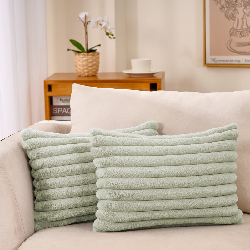 Striped Faux Fur Reversible Pillow Cover, Light Green