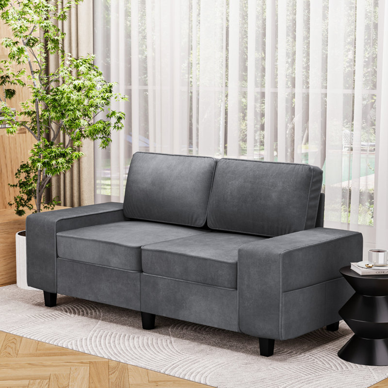 Modern Style Indoor Loveseat With Side Pockets, Dark Gray Fabric