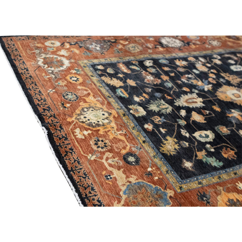 Tapis gris anthracite et brique de haute qualité noué à la main