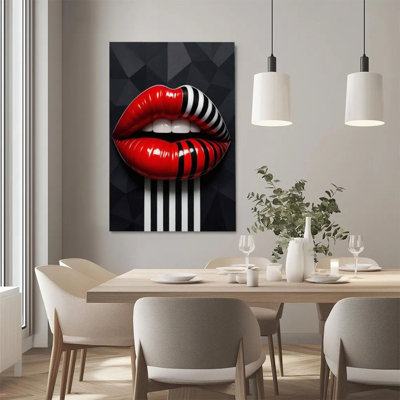 1Pc Framed Canvas Poster Print Red Lip Art, Black and White Stripe Abstract Design, Surrealism Style Wall Art Decor, Perfect for Room Decor Living Room Bedroom Office Kitchen Bathroom Home Decor, Ideal Home Wall Decoration Gift