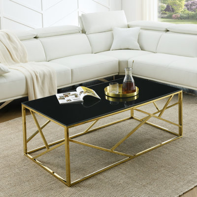 Table basse dorée avec plateau en verre trempé noir et base en acier inoxydable, cadre décoratif pour le salon, la chambre à coucher idéale, 52,2 x 30,2 x 5,5 po