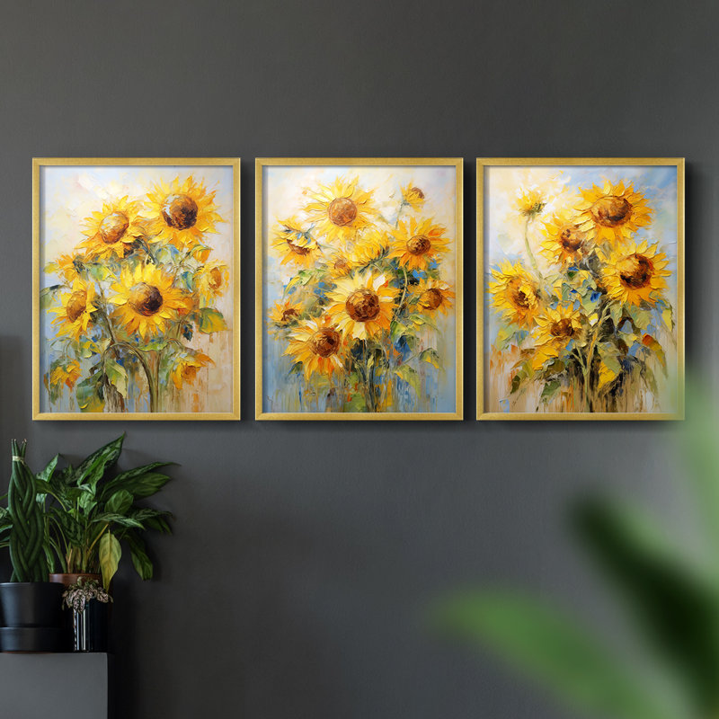 Étude florale CXLIX -Set de 3 estampes numériques giclées -Prêt à accrocher, Cadre doré, H 14 po x l 11 po