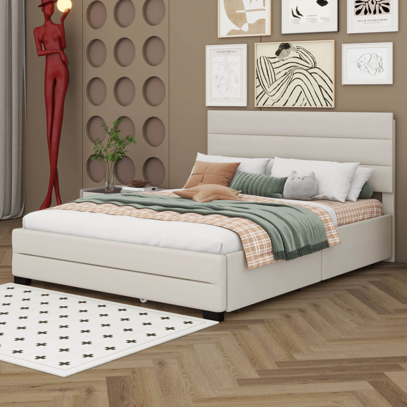 Structure de lit grand format avec lit gigogne simple, structure de lit tapissier en lin avec 2 tiroirs de rangement