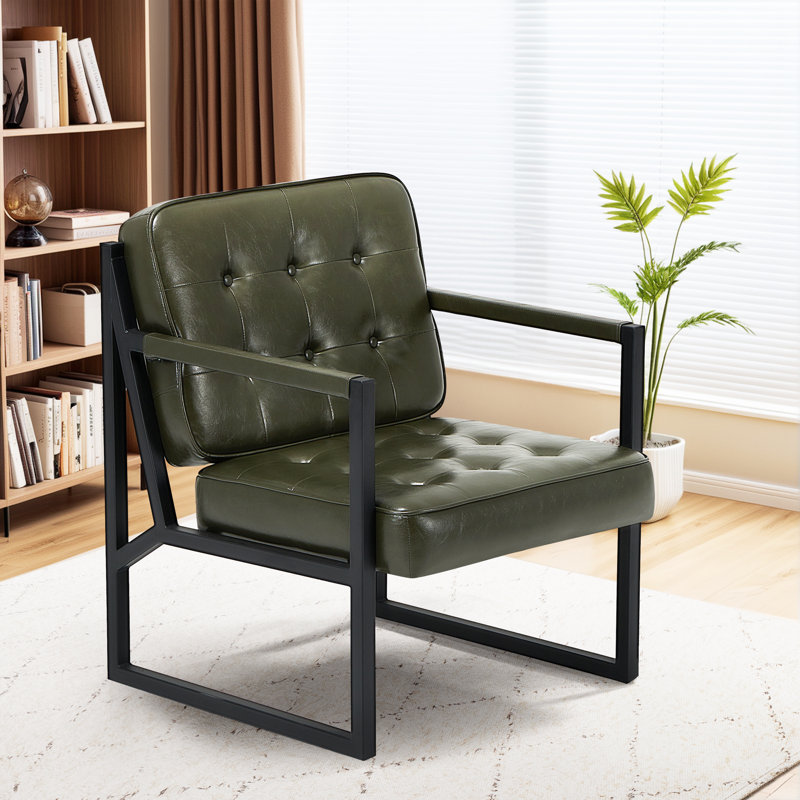 Modern Faux Leather button-tufted design Accent Chair with Metal Farme 110° Recline, Green Faux Leather