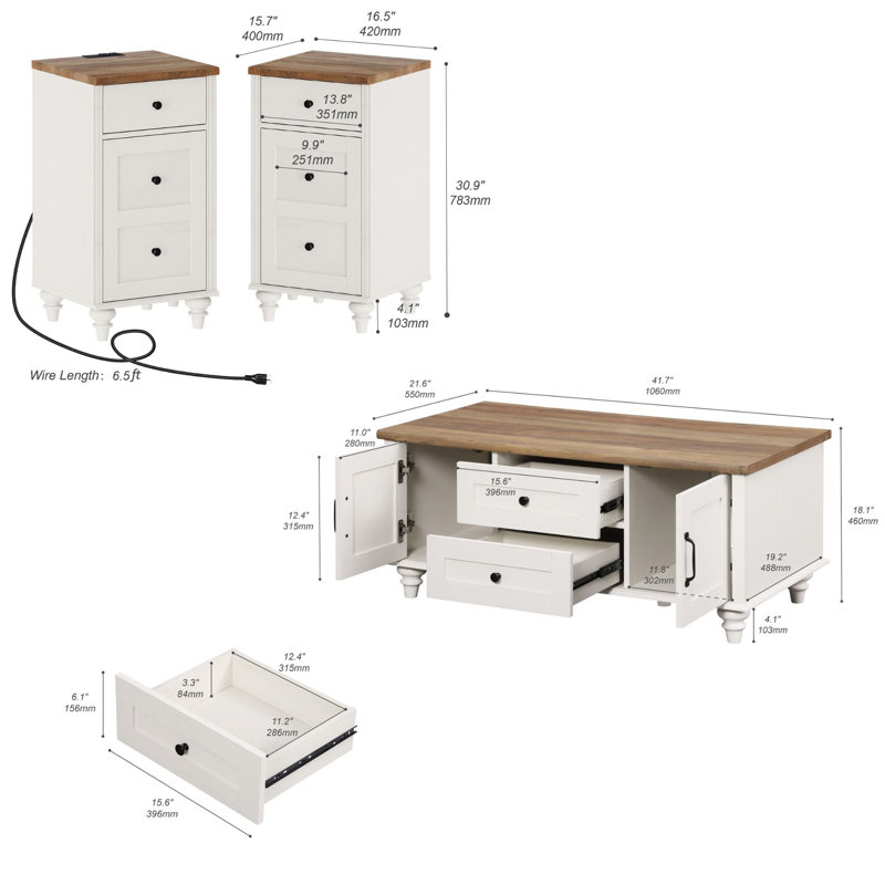 4 Piece Coffee Table Set With A Fireplace & Two End Tables & One Coffee Table, Off White