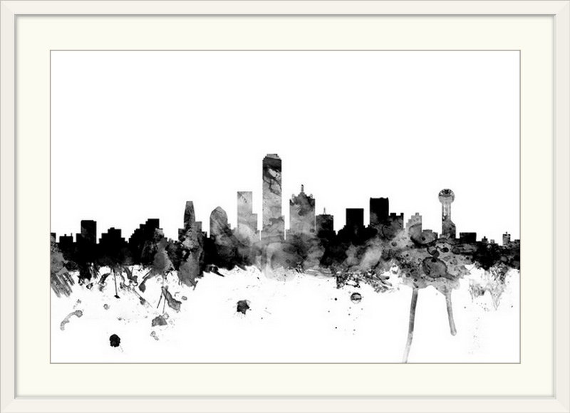 «Francy Dallas Texas Skyline» par Michael Tompsett - reproduction, Cadre blanc, H 20 po x l 26 po x P 1 po