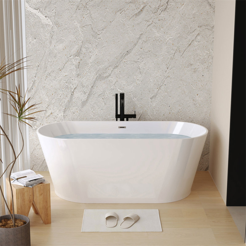 59" Acrylic Freestanding Bathtub, Stand Alone Soaking Tub, Glossy White Acrylic, Toe-Tap Chrome Drain, Cupc Certified