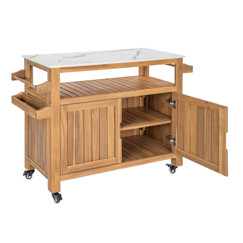 Chariot-bar d'extérieur en bois d'acacia de patio, finition naturelle, ensemble de 1